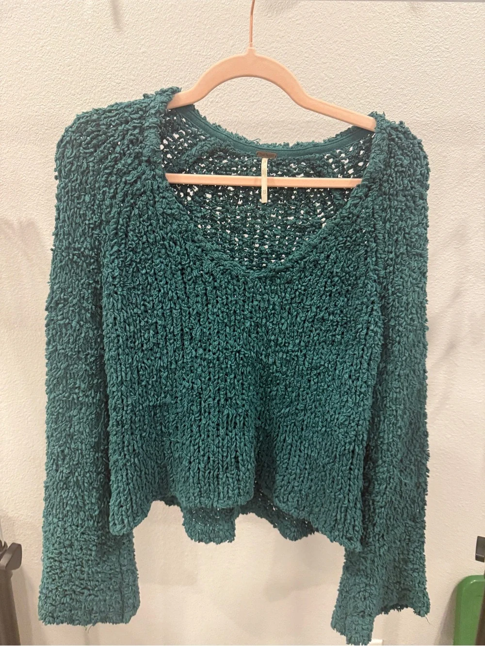 Free People Teal Chunky Sand Dune V Neck Sweater Oversized XS